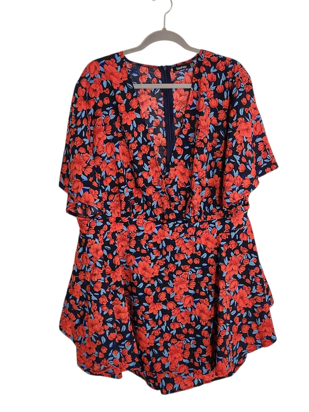 Boohoo Red and Blue Floral Print V-Neck Short Romper Size 20